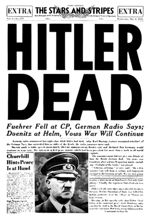 Informacja o śmierci Hitlera. Zdjęcie za: https://ciekawostkihistoryczne.pl/2020/05/08/jak-general-de-tassigny-wygral-dla-francji-ii-wojne-swiatowa-i-uczynil-z-niej-mocarstwo/
