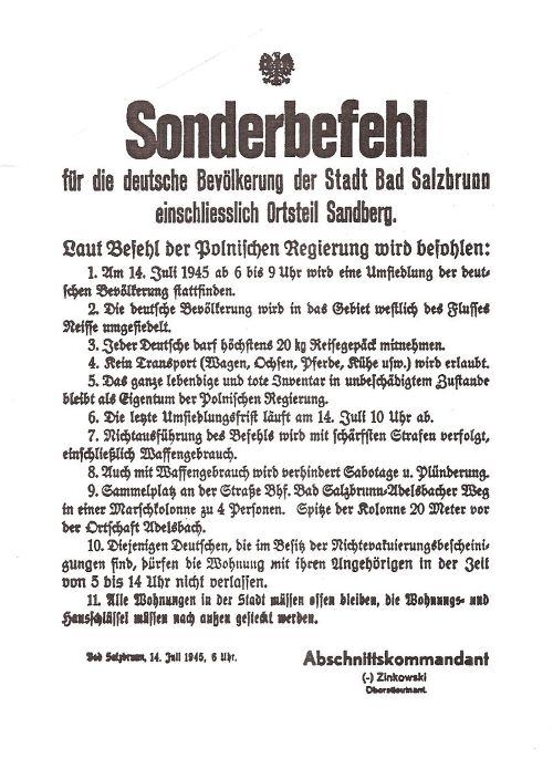 Obwieszczenie o wysiedleniu Niemców z 1945 roku. Źródło: Wikipedia, domena publiczna. 