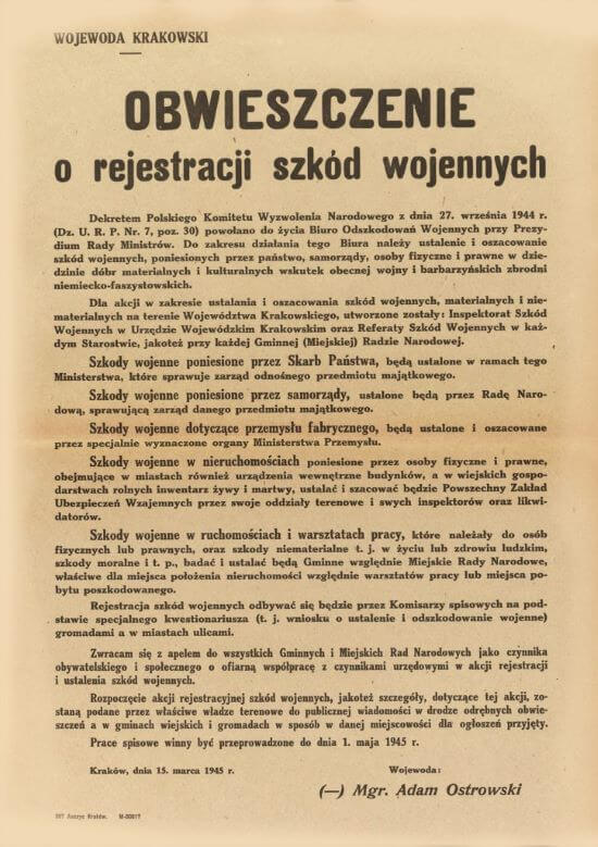 Obwieszczenie o rejestracji szkód wojennych z 15 marca 1945 roku wydane przez Wojewodę Krakowskiego. Zdjęcie za: Archiwum Narodowe w Krakowie, Urząd Wojewódzki Krakowski, sygn. UW Kr II 363.