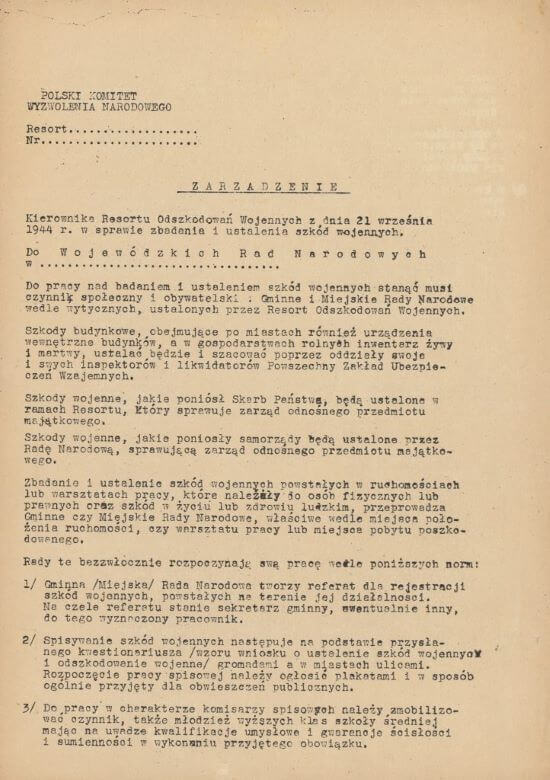 Zarządzenie w sprawie badania strat wojennych wydane przez PKWN 21 września 1944 roku. Zdjęcie za: Archiwum Narodowe w Krakowie, Urząd Wojewódzki Krakowski, sygn. UW Kr II 363.