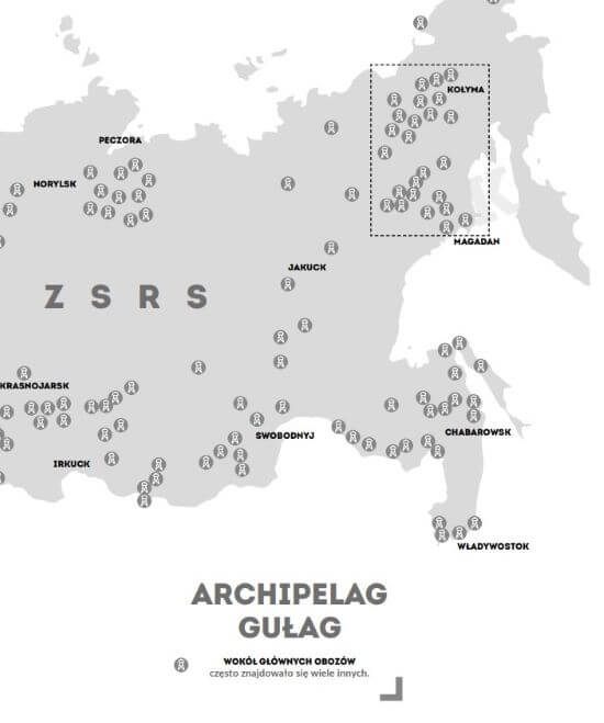 Kołyma na mapie ZSRR - zaznaczono na niej radzieckie obozy. Źródło zdjęcia: S. Warlikowski, "Kołyma. Polacy w sowieckich łagrach".